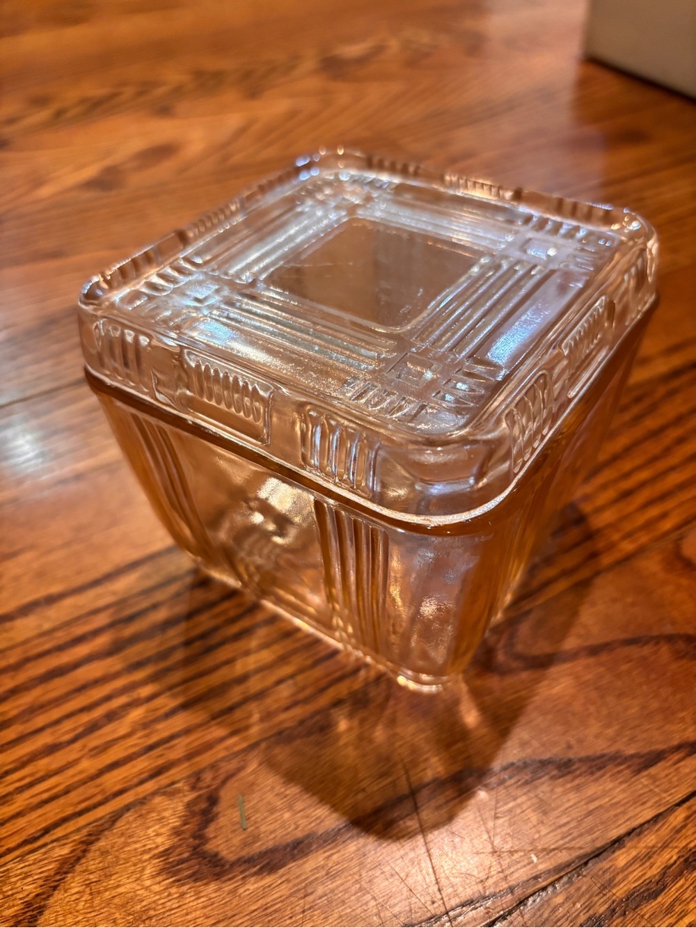 Vintage Hazel Atlas 4” Square Pink Criss Cross Refrigerator Dish with Lid